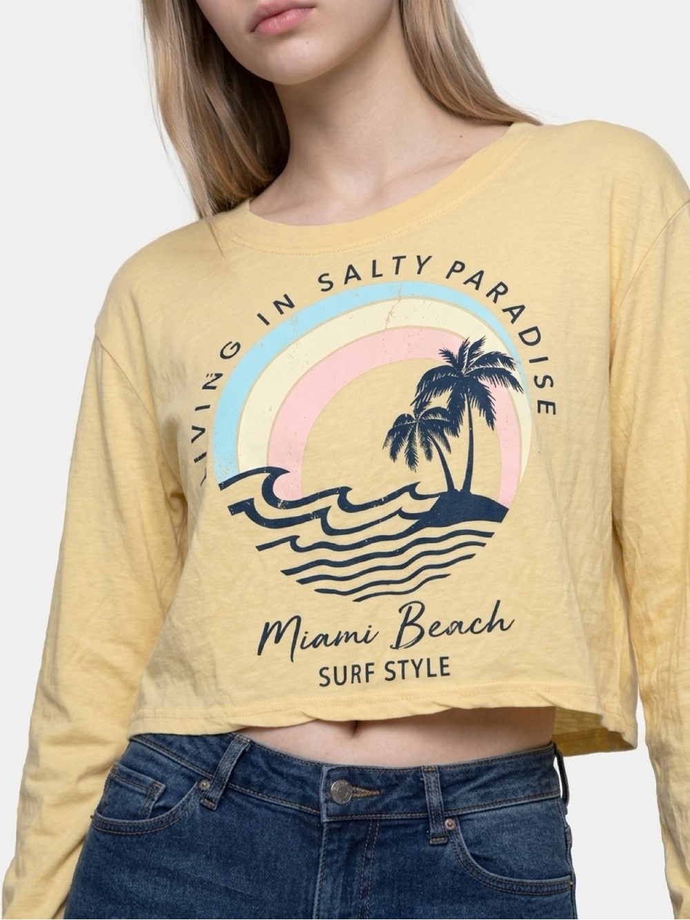 Ocean Drive Yellow Crop Top with Pastel Rainbow Graphic